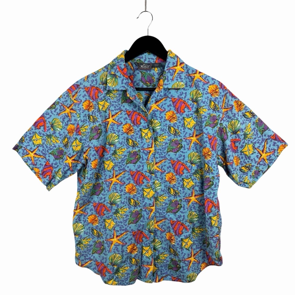 Vintage 90s Woolrich Hawaiian Colorful Shirt Ocean Starfish Shells AOP Men's M